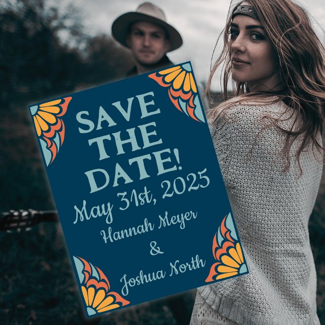 Groovy Orange Blume auf Deep Blue Rett-the-Date Postkarte (Von Creator hochgeladen)