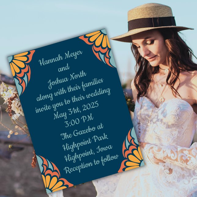 Groovy Orange Blume über Deep Blue Wedding Einladung (Von Creator hochgeladen)