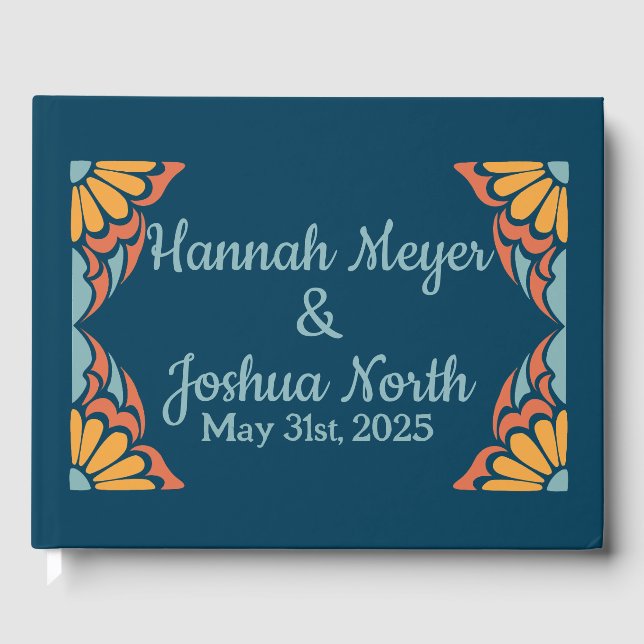 Groovy Orange Blume über Deep Blue Wedding Gästebuch (Vorderseite)