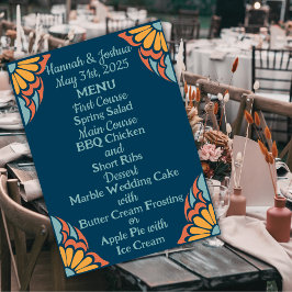 Groovy Orange Blume über Deep Blue Wedding Menükarte