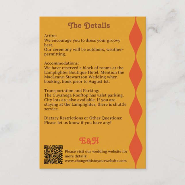 Groovy Orange Brown Wavy Border Wedding Details Begleitkarte (Vorderseite)