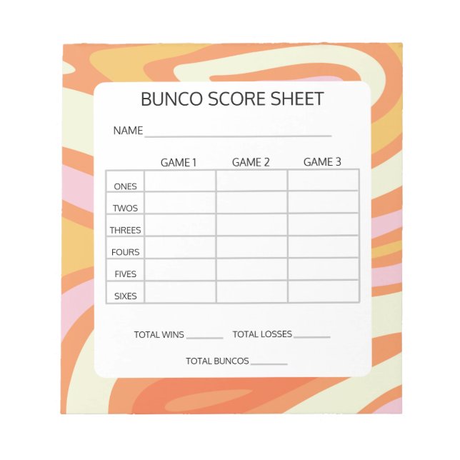Groovy Orange und Pink Bunco Game Score Pad Notizblock (Vorderseite)