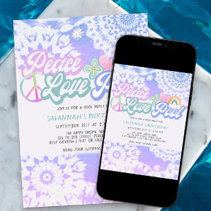 Groovy Pastel-Tie-Dye-Frieden-Liebe-Poolparty Einladung