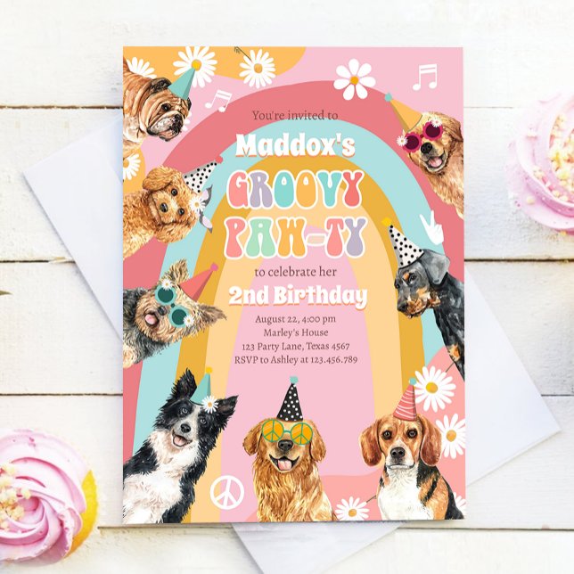 Groovy Pawty Retro Daisy Hippie Dog Girl Geburtsta Einladung (Von Creator hochgeladen)
