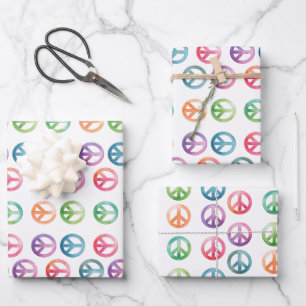Groovy Peace signalisiert Wasserfarben-Hippie-Lieb Geschenkpapier Set