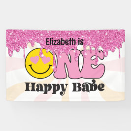 Groovy Peach Pink One Happy Babe Birthday Banner