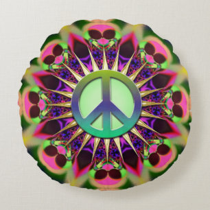 Groovy Pink Alien Peace Sign Rundes Kissen