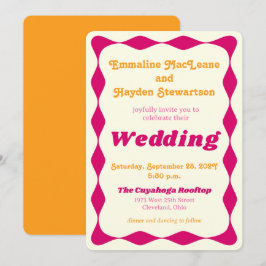 Groovy Pink and Gold Wavy Border Wedding Einladung