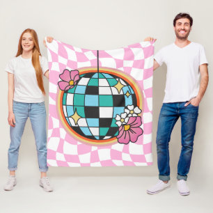 Groovy Pink Disco Ball 60er Hippie Retro Checkered Fleecedecke