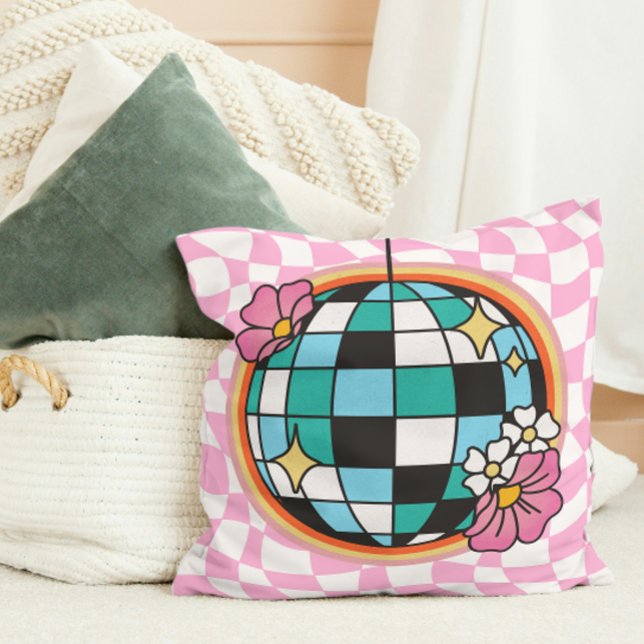 Groovy Pink Disco Ball 60er Hippie Retro Checkered Kissen (Groovy Pink Disco Ball 60s Hippie Retro Checkered Throw Pillow college dorm room decor decoration)