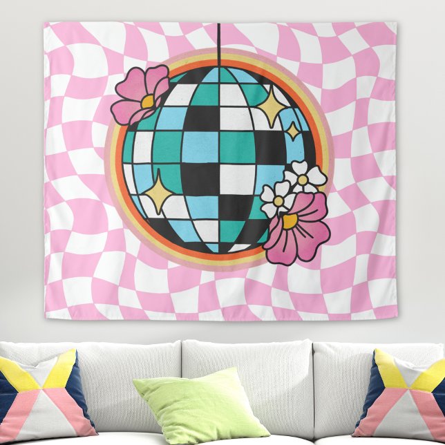 Groovy Pink Disco Ball 60er Hippie Retro Checkered Wandteppich (disco ball retro tapestry wall hanging, pink checkered print, 60s 70s hippie college dorm room decor)