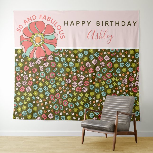 Groovy Pink Floral Geburtstag Foto Hintergrund Wandteppich (Beispiel (Horizontal))