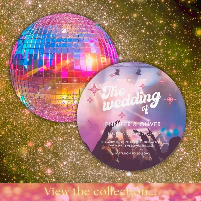 Groovy Pink Glitzer Ball Wedding Einladung (Front / Back)
