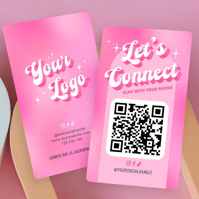 Groovy Pink Trendy Lasst uns den QR-Code für Sozia Visitenkarte (Groovy pink QR Code Business Cards featuring retro fonts, your logo and scannable QR code)