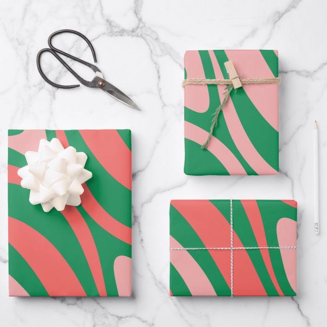 Groovy Pink und Green Retro Weihnachts-Wirbel Geschenkpapier Set (Vorderseite)