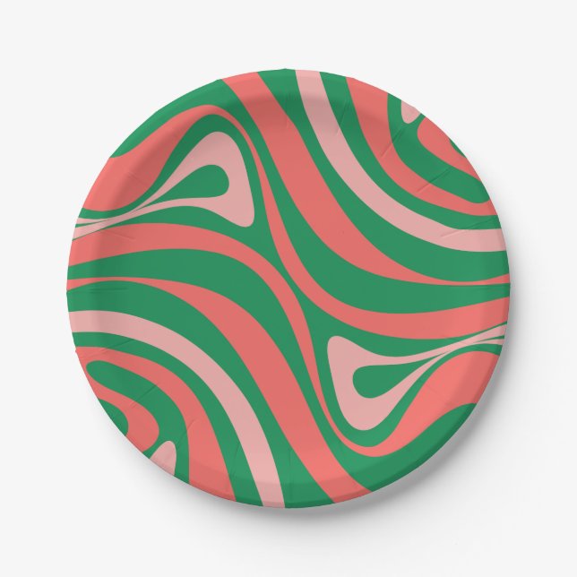 Groovy Pink und Green Retro Weihnachts-Wirbel Pappteller (Vorderseite)