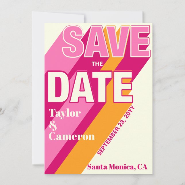 Groovy Pink und Orange Wedding speichern das Datum Save The Date (Vorderseite)