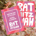 Groovy Pink Waves Custom Bat Mitzvah Save The Date<br><div class="desc">Perfekte Karte, um eine Fledermausmitzvah oder andere jüdische Feier zu verkünden und die Gäste Save the Date fragen! Handgefertigte Kunst für Sie mit Griffe auf der Vorder- und Rückseite! Vollständig anpassbar! Klicken Sie auf "Personalisieren" oben, um den Text zu bearbeiten. Klicken Sie auf "Bearbeiten mit dem Design-Tool", um die Schriftart,...</div>