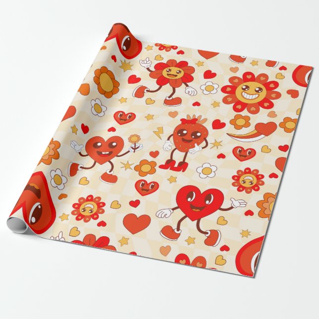 Groovy Pop Art valentines Funky Erdbeere der 1960e Geschenkpapier (Ungerollt)