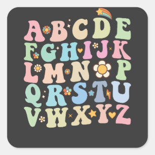 Groovy Pre K Kindergarten Alphabet ABC Retro Quadratischer Aufkleber