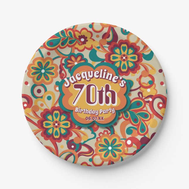 Groovy Psychedelic 60er 70er Floral Birthday Pappteller (Vorderseite)