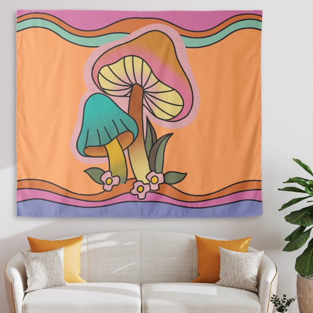 Groovy Psychedelic Mushroom 60er Hippie Retro Wandteppich (groovy retro mushroom tapestry, orange 60s hippie psychedelic wall hanging college dorm room decor)