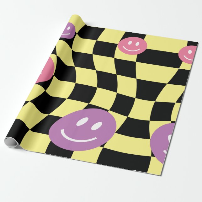 Groovy psychedelic Retro Smiley Checkerboard, Geschenkpapier (Ungerollt)