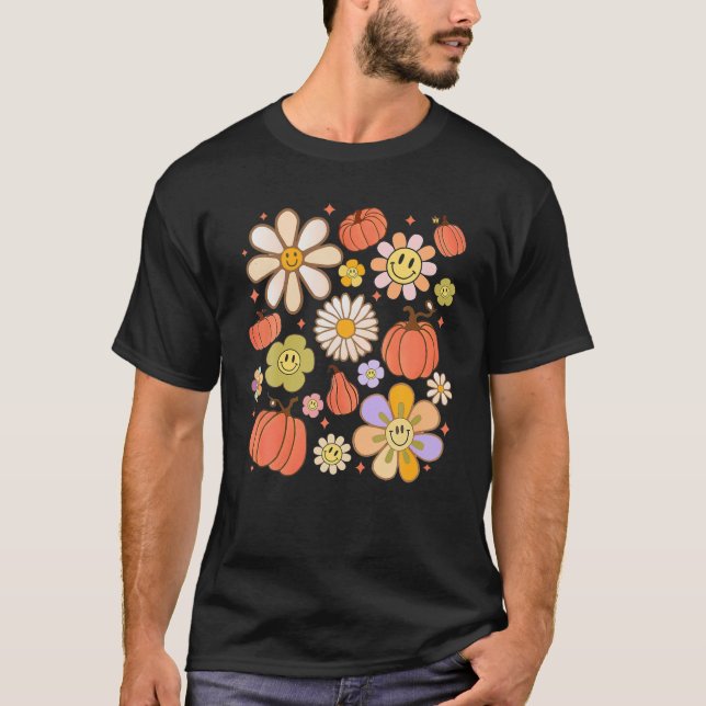 Groovy Pumpkin Daisy Blume Smile Face Dank T-Shirt (Vorderseite)