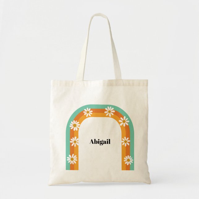 Groovy Rainbow 1970s Style Boho Daisy Personalisie Tragetasche (Vorne)