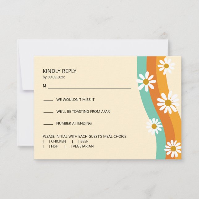 Groovy Rainbow 1970s Style Boho Daisy Wedding RSVP Karte (Vorderseite)