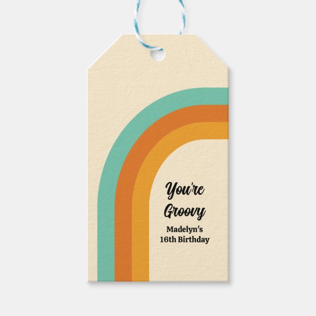 Groovy Rainbow 1970s Style Turquoise & Orange Gold Geschenkanhänger (Vorderseite)