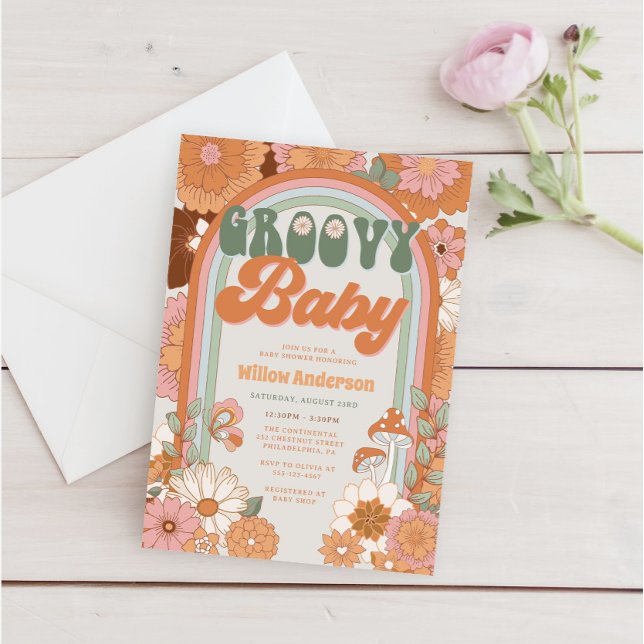 Groovy Rainbow Baby Shower laden 70er ein Einladung (Von Creator hochgeladen)