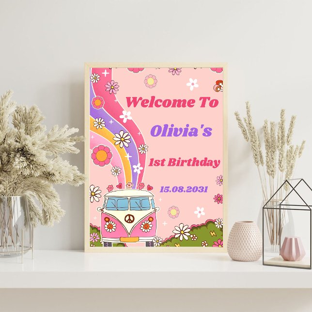 Groovy Rainbow Birthday Party Begrüßungszeichen Poster (Von Creator hochgeladen)