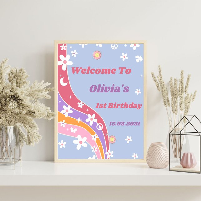 Groovy Rainbow Birthday Party Begrüßungszeichen Poster (Von Creator hochgeladen)