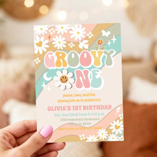 Groovy Rainbow Daisy 1. Geburtstagseinladung Einladung