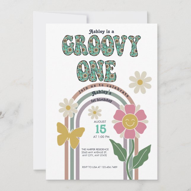 Groovy Rainbow | Einladungen zum 1. (Vorderseite)