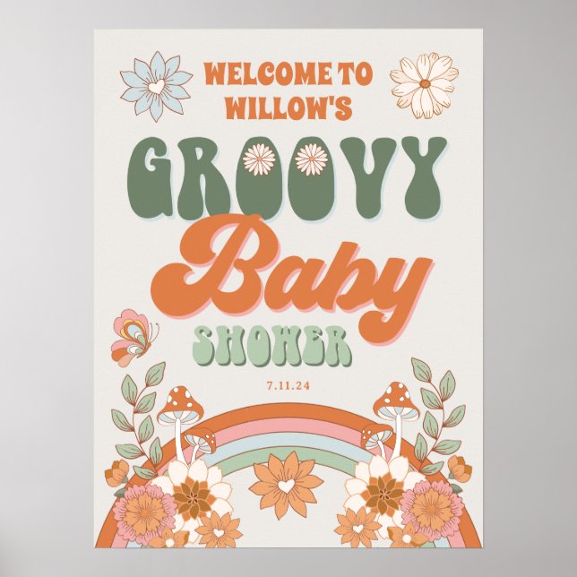 Groovy Rainbow Hippie Baby Dusche Willkommenspende Poster (Vorne)