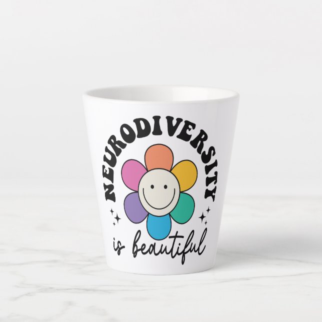 Groovy Rainbow Smiley Flower Neurodiversity Milchtasse (Vorderseite)