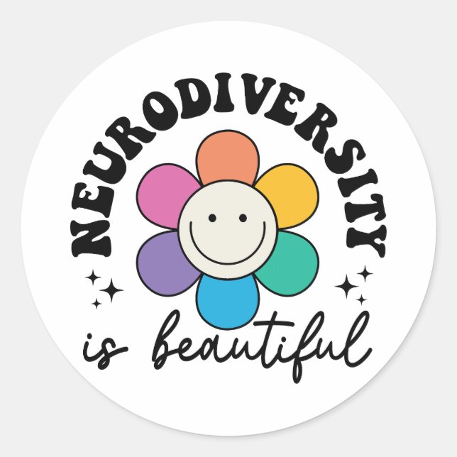 Groovy Rainbow Smiley Flower Neurodiversity Runder Aufkleber (Vorderseite)