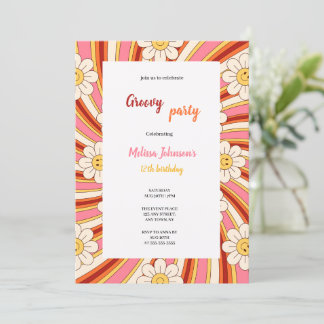 groovy red,orange,pink,yellow birthday with flower einladung