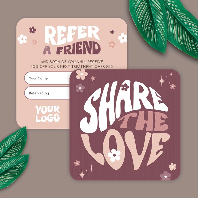 Groovy Refer a Friend Trendy Retro Beauty Salon Empfehlungskarte (Stand out with these Groovy Business Referral Cards, featuring retro fonts and trendy layout)