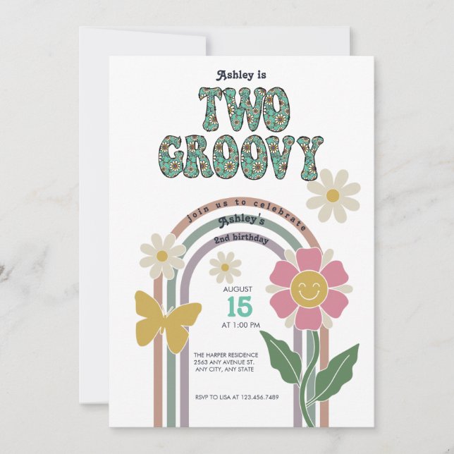Groovy Regenbogen | 2. Geburtstag Einladung (Vorderseite)