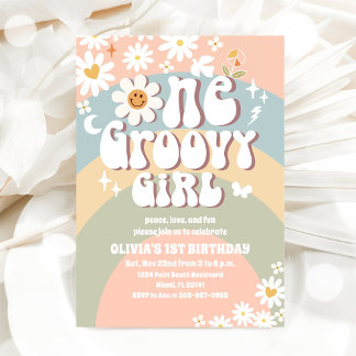 Groovy Regenbogen Daisy 1. Geburtstag Einladung