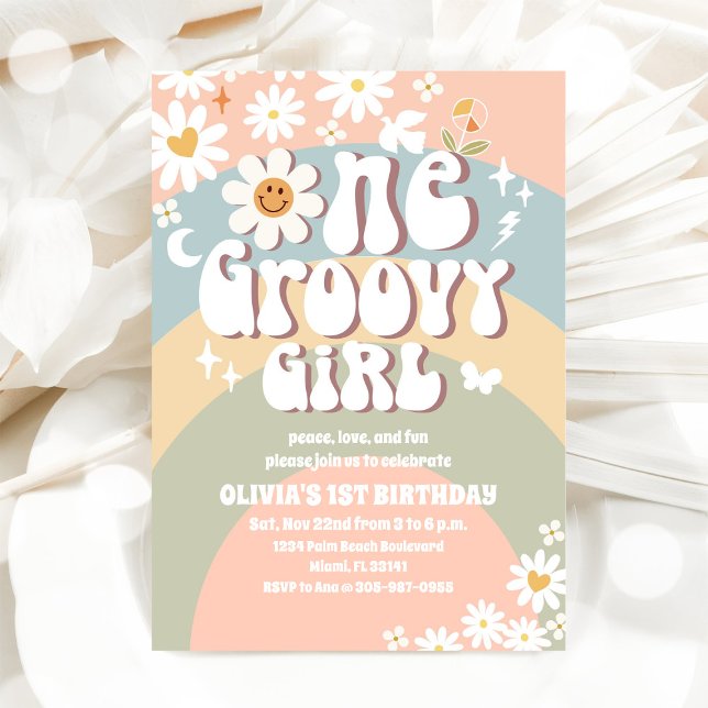 Groovy Regenbogen Daisy 1. Geburtstag Einladung (Von Creator hochgeladen)