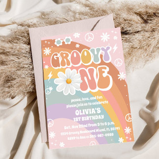 Groovy Regenbogen zum ersten Geburtstag Einladung