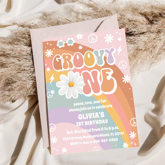 Groovy Regenbogen zum ersten Geburtstag Einladung (Von Creator hochgeladen)