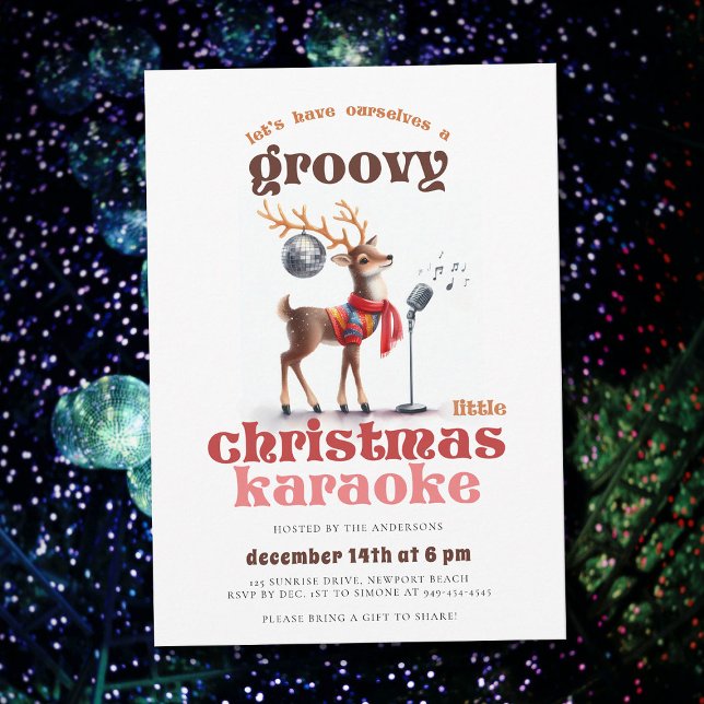 Groovy Reindeer Karaoke Funny Christmas Party Einladung (groovy little christmas karaoke party hippie disco reindeer 70s nostalgia retro vintage invitation)