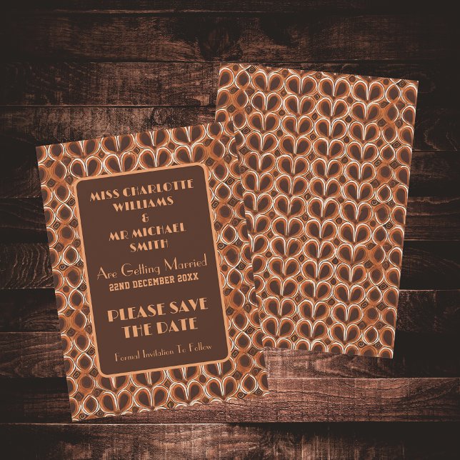 Groovy Retro 1970er Jahre braune und orangefarbene Save The Date (Front And Back)