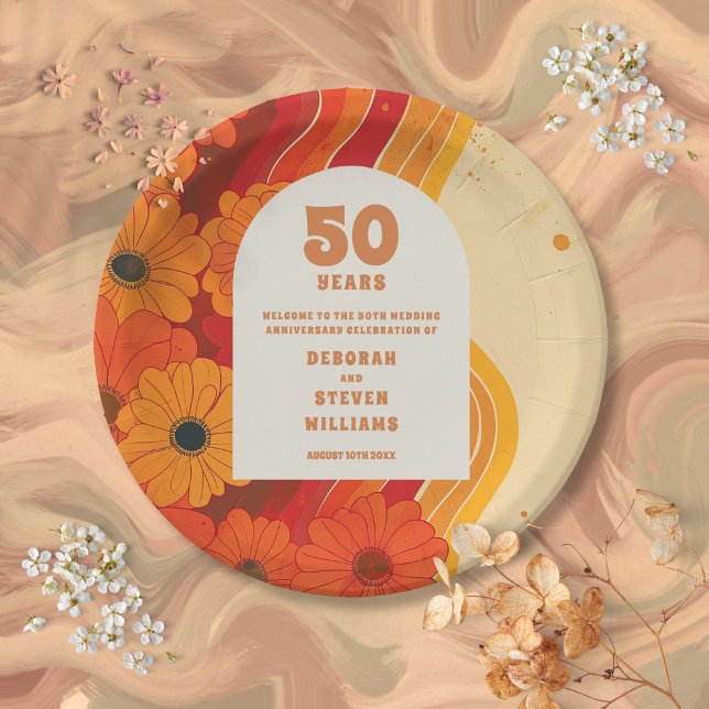 Groovy Retro 50. Hochzeitstag Begrüßungszeichen Pappteller (Groovy Retro 50th Wedding Anniversary Welcome Sign Paper Plates)
