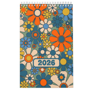 Groovy Retro 60er 70er Blumenmuster 2026 Kalender